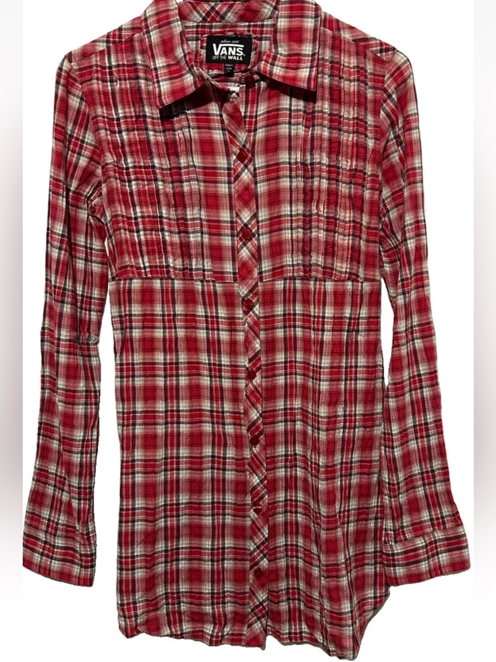 Vans Off The Wall Red Plaid Shirt Dress S Crinkle Cotton Buttons In Front & Back